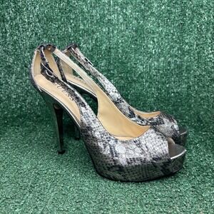 GUESS Snakeskin Peep Toe Slingback Platform Stiletto Heel Pewter Womens Size 7.5